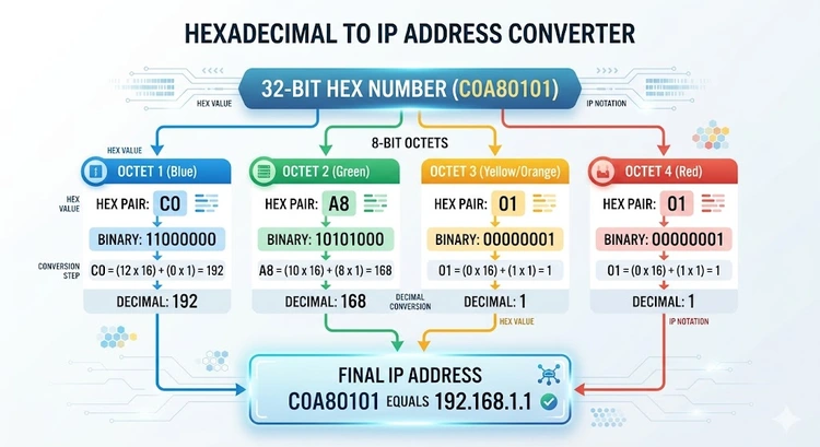 Hexadecimal to IP address converter showing 32-bit binary and hex notation conversion steps
