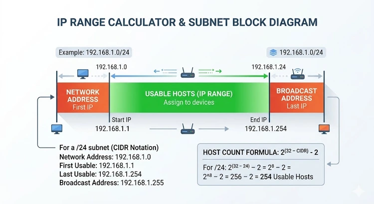 IP range calculator showing network address, broadcast address, and usable host IP range