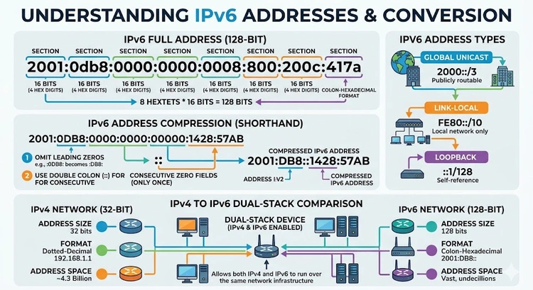 IPv6 address converter showing full versus compressed notation and address type identification