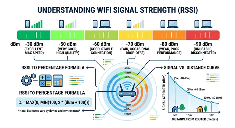 WiFi signal strength converter showing dBm to percentage scale with quality ratings from excellent to unusable
