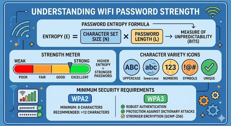 WiFi password strength checker showing entropy calculation and WPA2/WPA3 minimum security requirements
