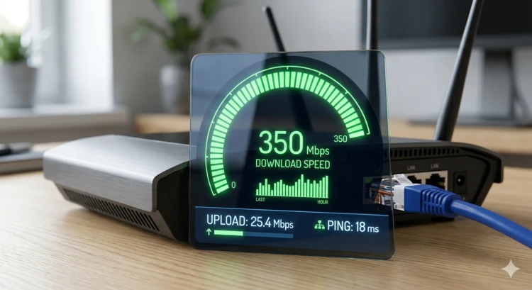 Internet speed test results showing download, upload, and ping