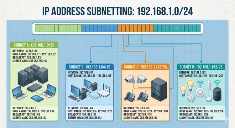 Subnet calculator showing network address, broadcast, and host range