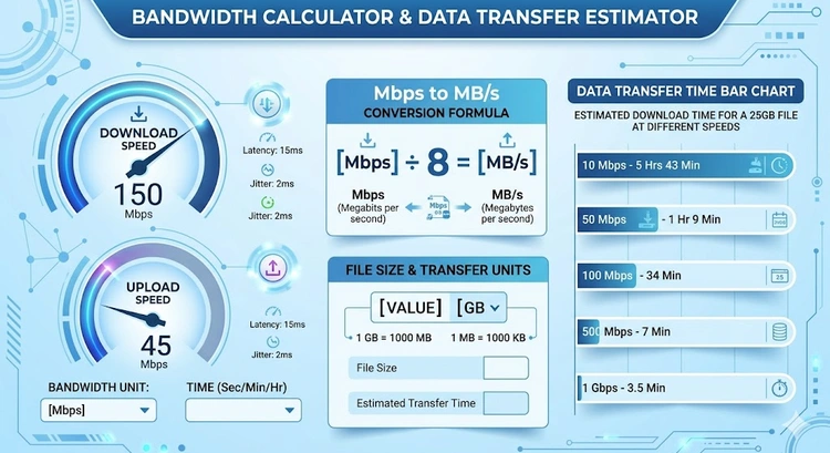 Bandwidth calculator showing download and upload speed gauges with Mbps to MB/s conversion chart