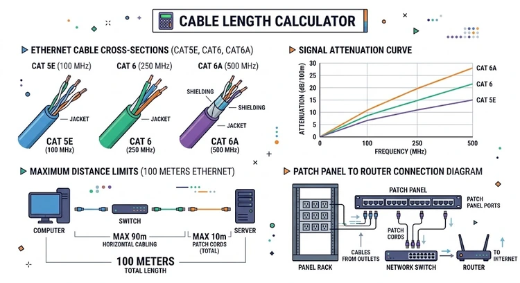 Network cable length calculator showing Ethernet cable categories and maximum distance limits