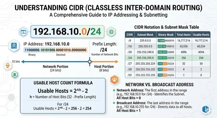 CIDR notation converter showing IP address slash notation, subnet mask table, and host count