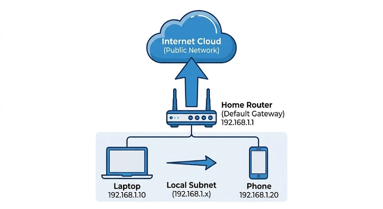 Default gateway diagram showing router as gateway connecting local devices to the internet