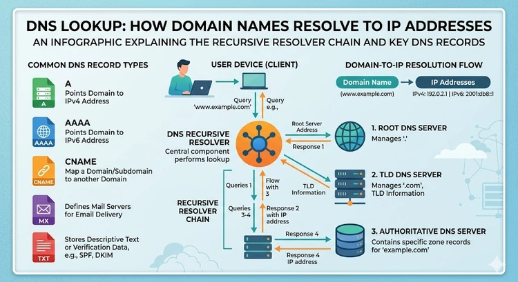 DNS lookup process showing record types and recursive resolver chain from root to authoritative servers