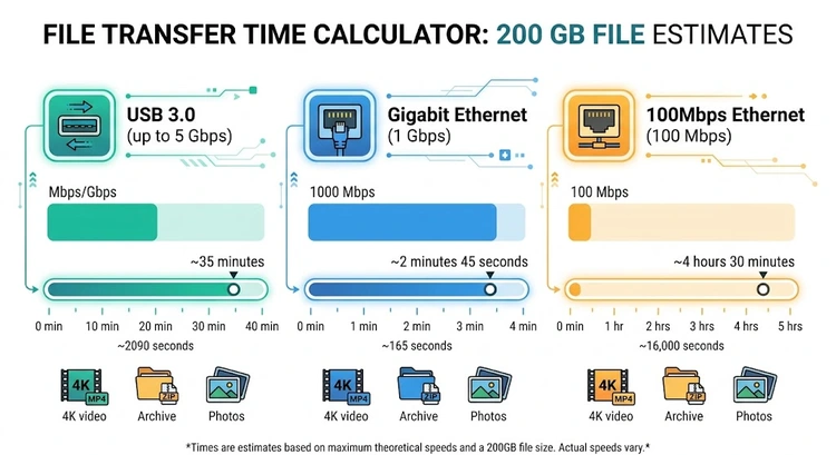 File transfer speed calculator comparing USB, network, and cloud transfer rates with time estimates