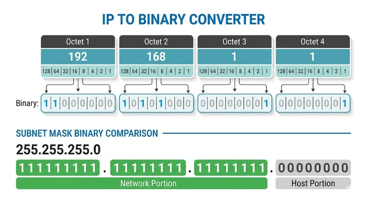 IP address to binary converter showing 4-octet decimal to 8-bit binary conversion with bit positions