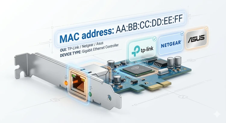 MAC address lookup tool identifying device manufacturer from OUI prefix