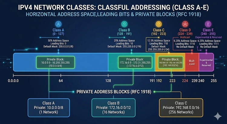 IPv4 network class identifier showing Class A B C address ranges and default subnet masks