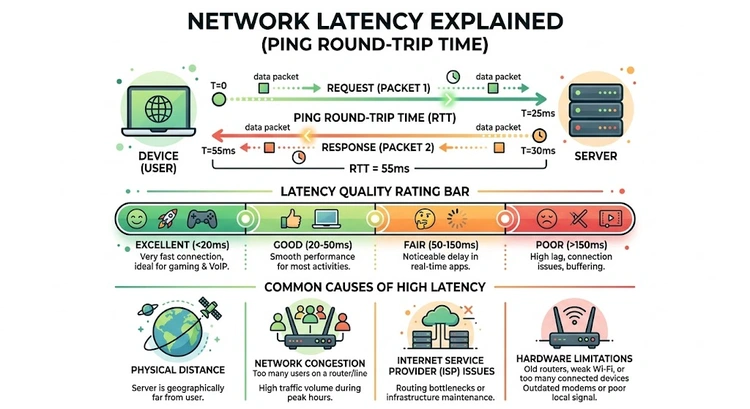 Network latency test showing ping round-trip time categories from excellent under 20ms to poor over 100ms