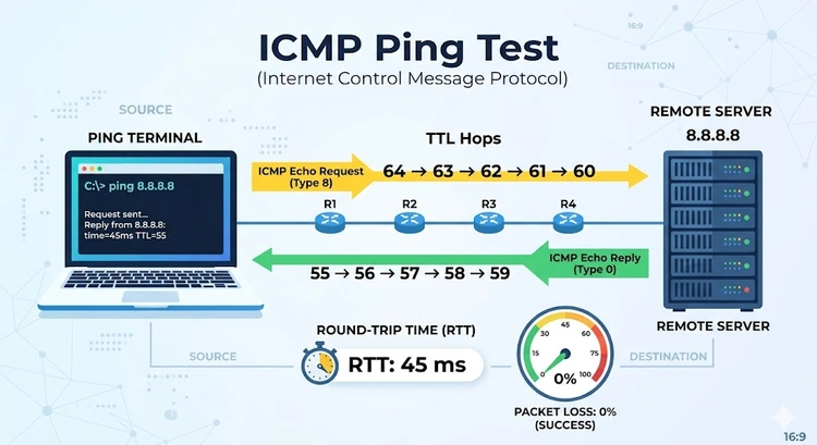 Ping test showing ICMP echo request and reply packet flow with TTL and round-trip time measurement