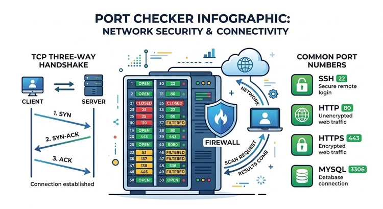 Network port checker showing open, closed, and filtered port states with firewall diagram