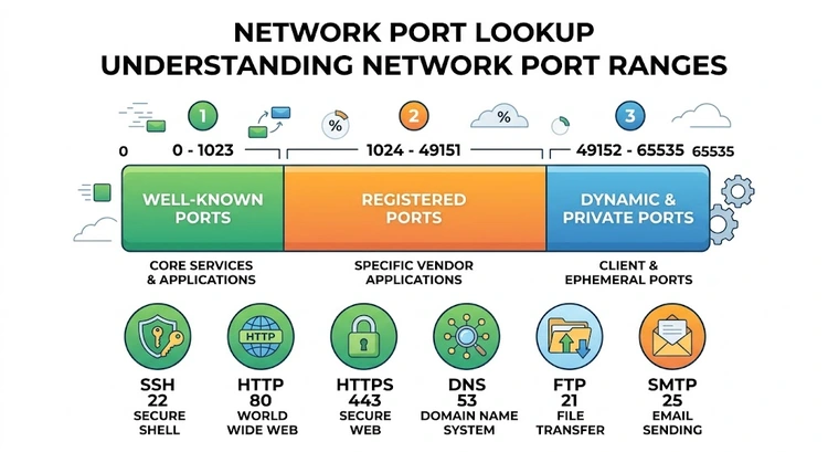 Port number reference showing well-known ports for HTTP, HTTPS, SSH, DNS and other common services