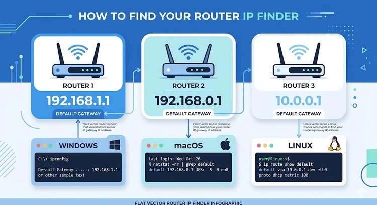 Router default IP address finder showing common gateway addresses and commands to find them on each OS