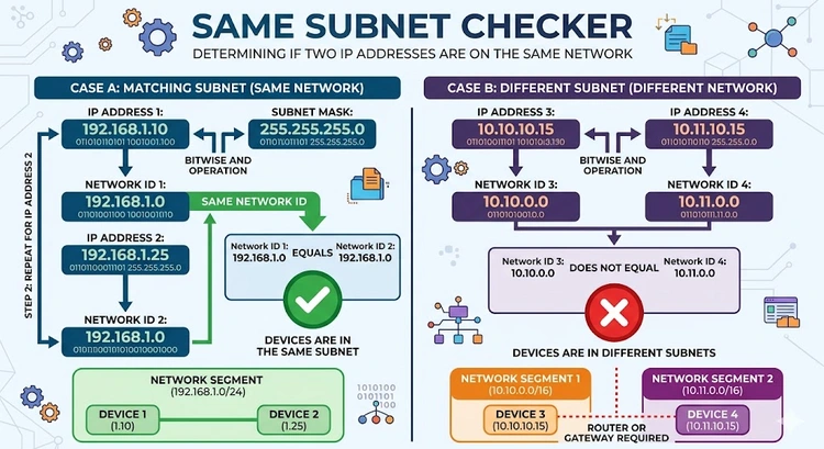Subnet membership checker showing two IP addresses ANDed with subnet mask to compare network IDs