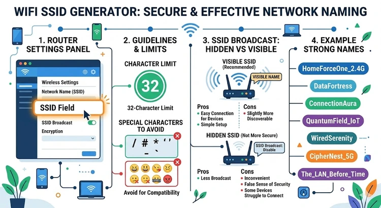 WiFi SSID name generator showing network naming best practices, character limits, and hidden SSID comparison