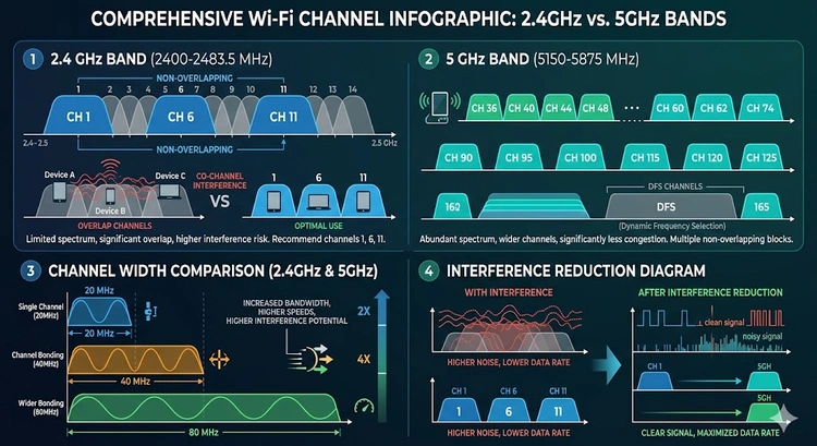 WiFi channel finder showing 2.4GHz and 5GHz frequency bands with non-overlapping channel recommendations