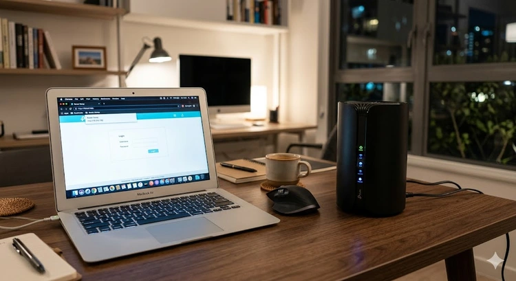 A modern WiFi router on a desk with a laptop showing 10.0.0.138 in the browser address bar