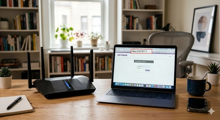 A modern WiFi router on a desk with a laptop showing 10.10.1.1 in the browser address bar