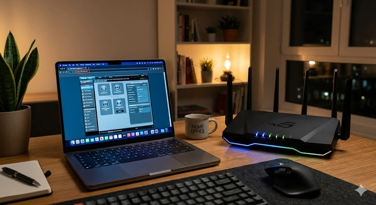 A modern WiFi router on a desk with a laptop showing 192.168.0.10 in the browser address bar