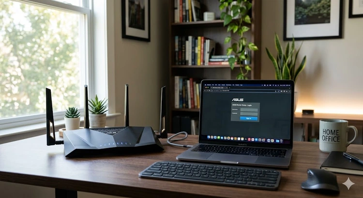 A modern WiFi router on a desk with a laptop showing 192.168.0.100 in the browser address bar