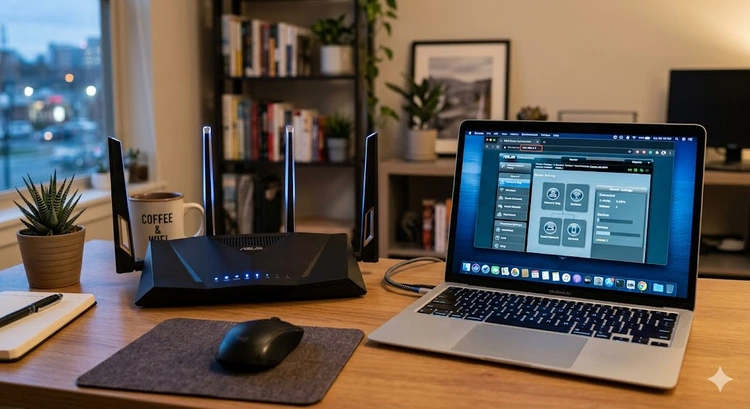 A modern WiFi router on a desk with a laptop showing 192.168.0.2 in the browser address bar