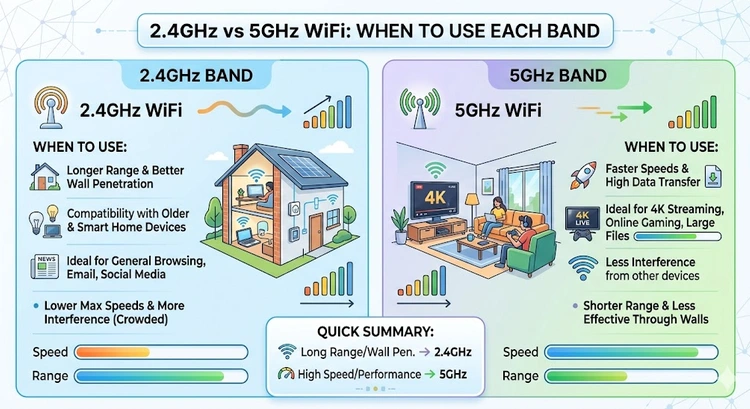 2.4GHz vs 5GHz WiFi: When to Use Each Band &mdash; complete visual guide showing device placement and signal coverage
