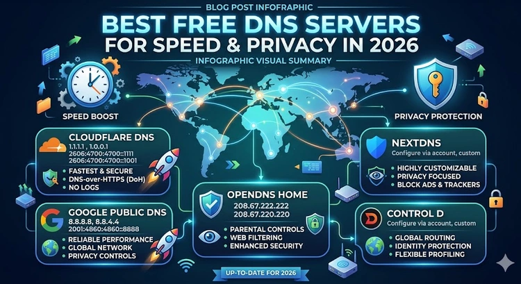 Best Free DNS Servers for Speed and Privacy in 2026 &mdash; complete visual guide comparing Cloudflare, Google, Quad9, NextDNS, and more