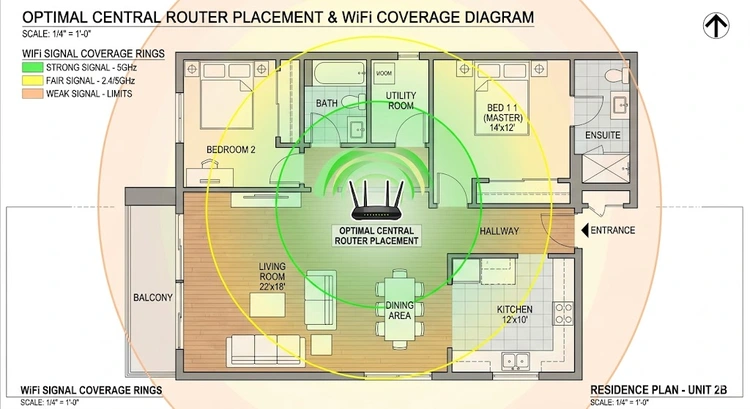 Diagram showing optimal router placement in the center of a home for best WiFi coverage