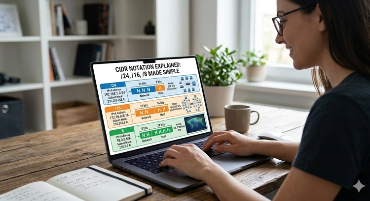 CIDR notation diagram showing /24, /16, and /8 subnet sizes with IP address ranges