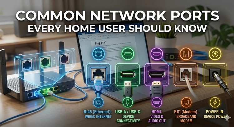 Diagram showing common network ports every home user should know, including HTTP, HTTPS, DNS, and FTP ports
