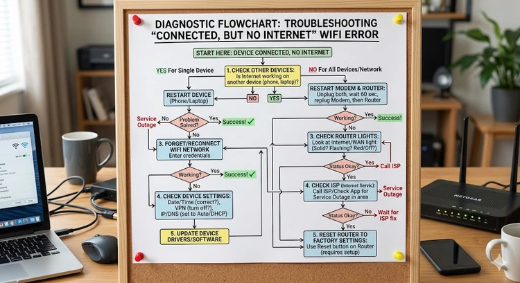Connected but no internet WiFi error troubleshooting flowchart