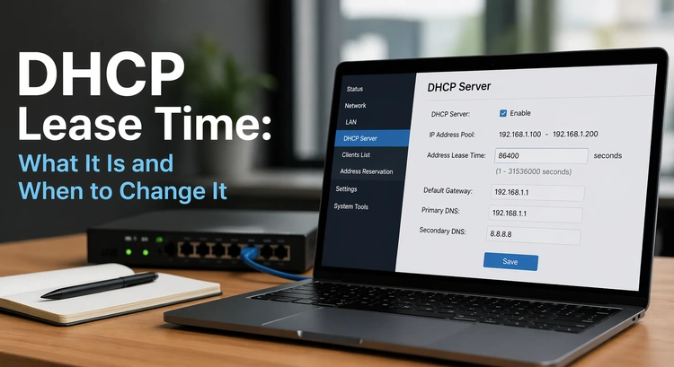 Router admin panel showing DHCP lease time settings with connected devices list