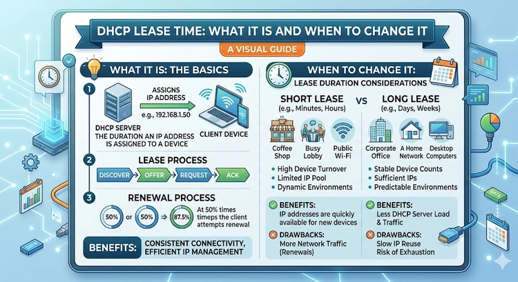 DHCP Lease Time: What It Is and When to Change It &mdash; complete visual guide showing the lease renewal cycle
