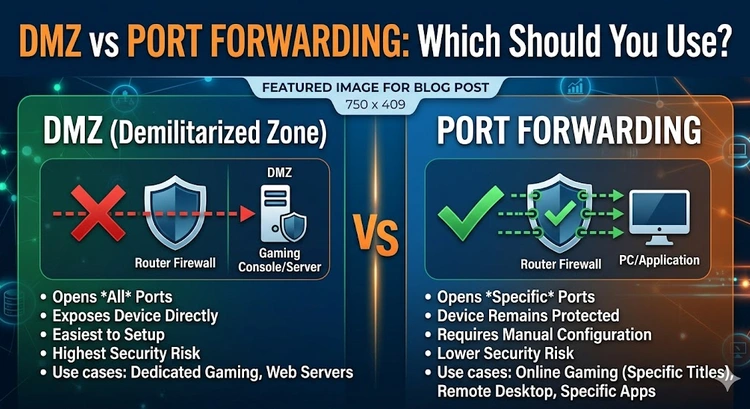 Diagram comparing DMZ and port forwarding configurations on a home router