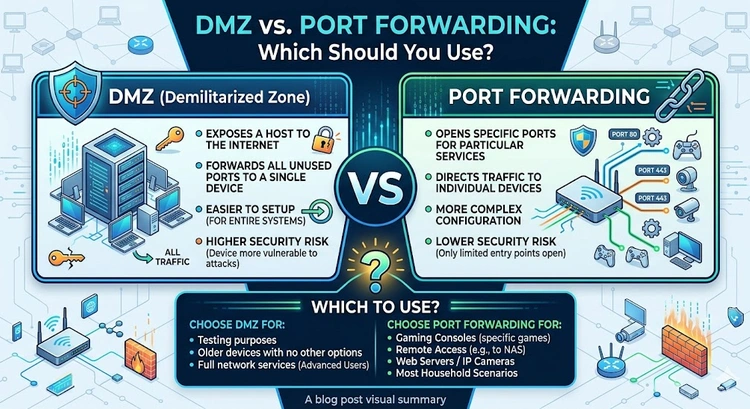 DMZ vs Port Forwarding: Which Should You Use? &mdash; complete visual guide showing traffic flow for each method