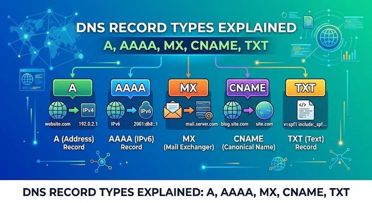 Diagram showing DNS record types A, AAAA, MX, CNAME, and TXT with their functions illustrated