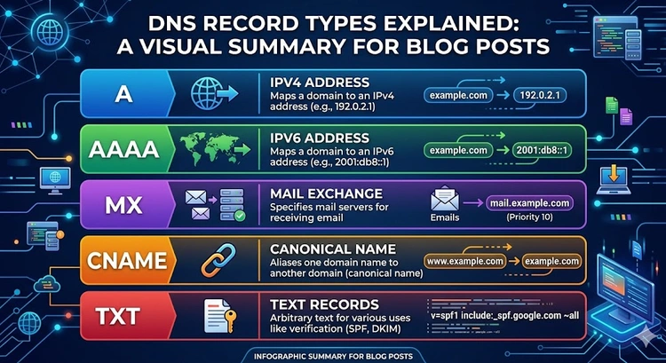 DNS Record Types Explained: A, AAAA, MX, CNAME, TXT &mdash; complete visual guide showing record formats and use cases