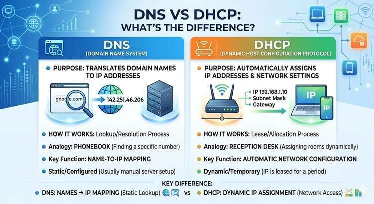 DNS vs DHCP: What's the Difference? — complete visual guide showing address assignment and name resolution flows