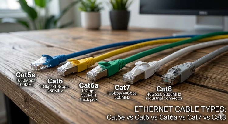 Ethernet cable types comparison: Cat5e, Cat6, Cat6a, Cat7, and Cat8 cables side by side