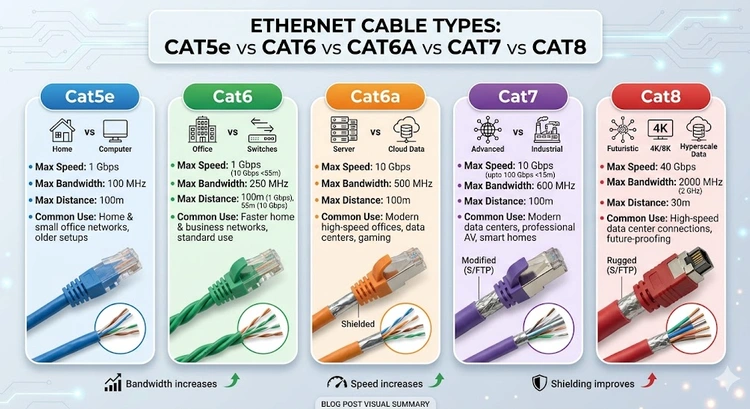 Ethernet Cable Types: Cat5e vs Cat6 vs Cat6a vs Cat7 vs Cat8 &mdash; complete visual guide to speeds, bandwidth, and use cases