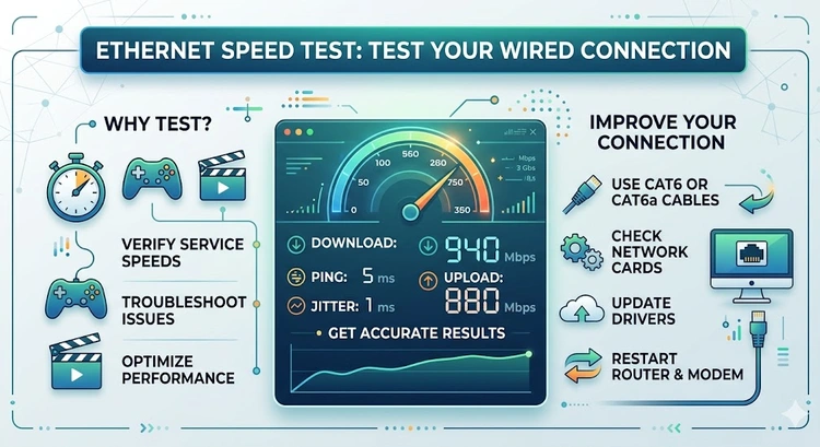 Ethernet Speed Test: Test Your Wired Connection &mdash; complete visual guide showing cable categories, speed tiers, and test methodology