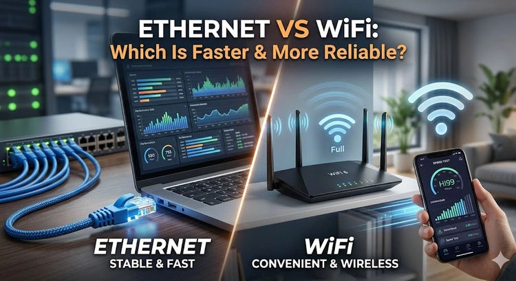 Ethernet cable plugged into a router next to a WiFi signal icon illustrating the Ethernet vs WiFi speed and reliability comparison