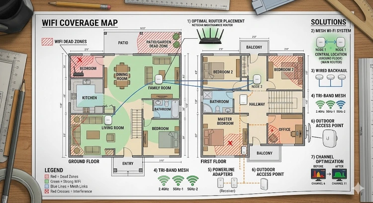 Home floor plan showing WiFi dead zones and coverage improvement methods