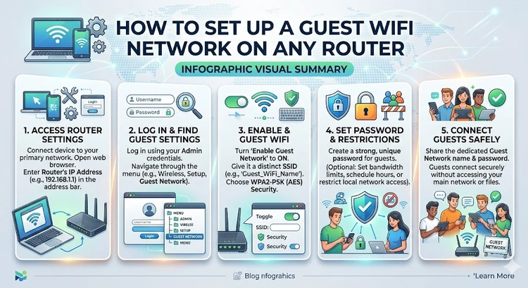 How to Set Up a Guest WiFi Network on Any Router &mdash; complete visual guide showing network isolation diagram