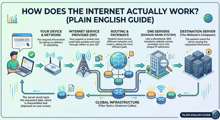 How Does the Internet Actually Work? (Plain English Guide) &mdash; complete visual guide showing data packets, IP addresses, DNS, and routing