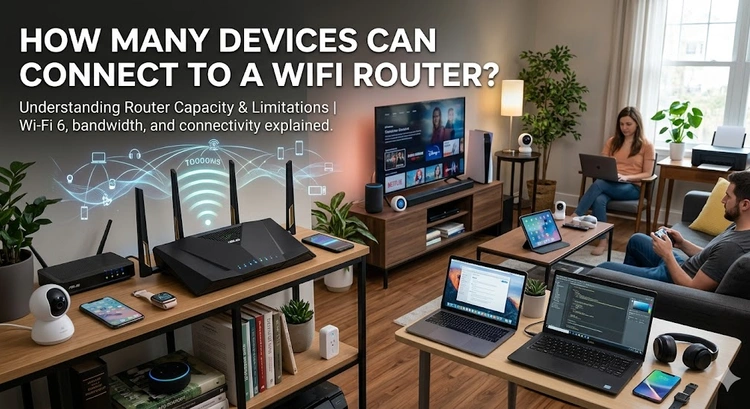 Diagram showing multiple devices connected to a home WiFi router including phones, laptops, smart TVs, and IoT devices